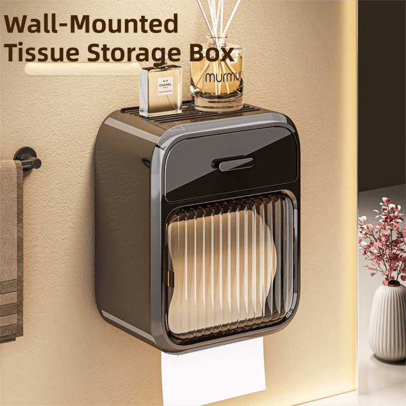 Latte No - Drill Wall Mounted Toilet Paper Holder with Storage Shelf and Drawer - Waterproof Bathroom Tissue Dispenser for Roll & Face Tissue - CAMARABUSSINES