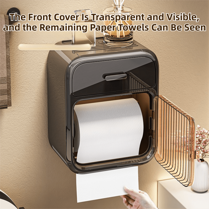 Latte No - Drill Wall Mounted Toilet Paper Holder with Storage Shelf and Drawer - Waterproof Bathroom Tissue Dispenser for Roll & Face Tissue - CAMARABUSSINES