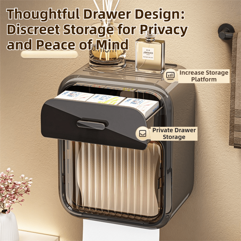 Latte No - Drill Wall Mounted Toilet Paper Holder with Storage Shelf and Drawer - Waterproof Bathroom Tissue Dispenser for Roll & Face Tissue - CAMARABUSSINES