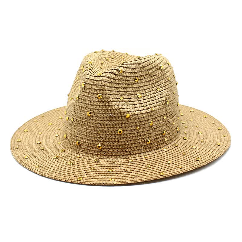 NNEDSZ Khaki Women's Wide - Brim Straw Hat with Rhinestones - Elegant and Breathable Sun Hat for Summer Outdoors,M(56 - 58cm) - CAMARABUSSINES