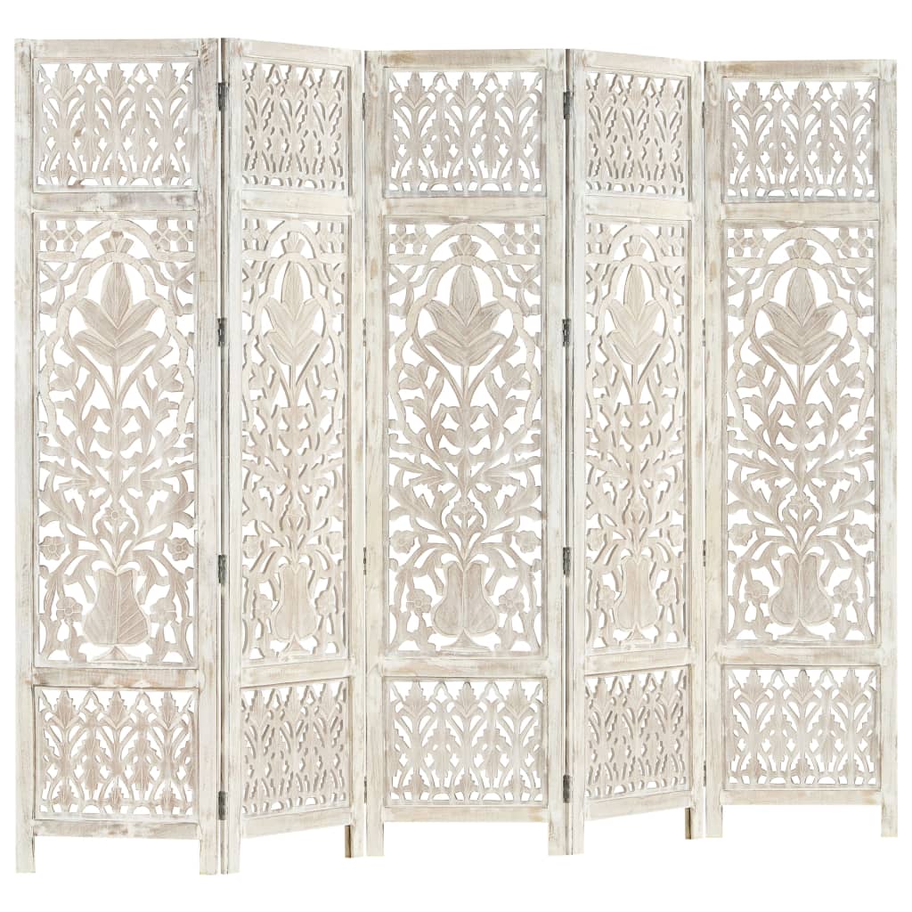 NNEVL Hand carved 5 - Panel Room Divider White 200x165 cm Solid Mango Wood - CAMARABUSSINES