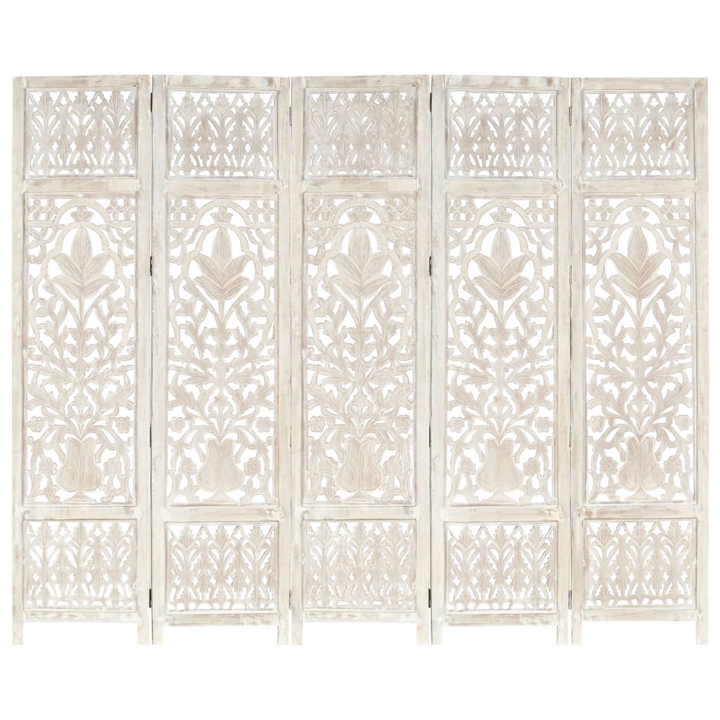 NNEVL Hand carved 5 - Panel Room Divider White 200x165 cm Solid Mango Wood - CAMARABUSSINES